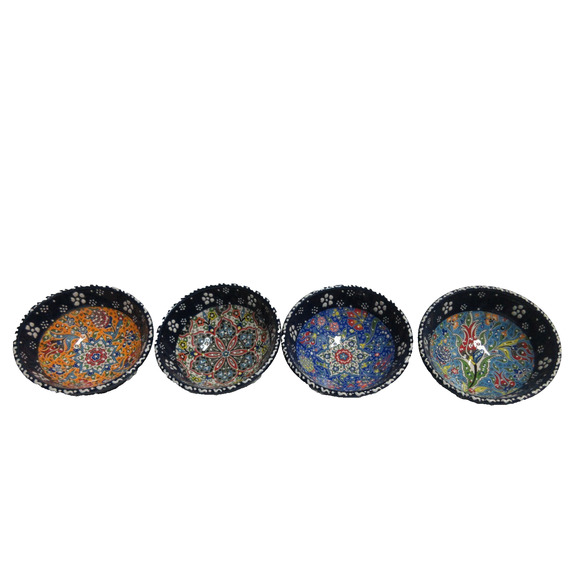 4 Turkish Mini Finger Bowl Handmade Hand Painted Raised Paint Ceramic Pottery 5" - Picture 1 of 8